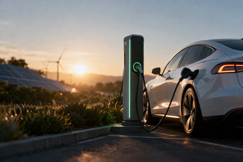 EV charger with electric vehicle charging at station showcasing EV charging solutions